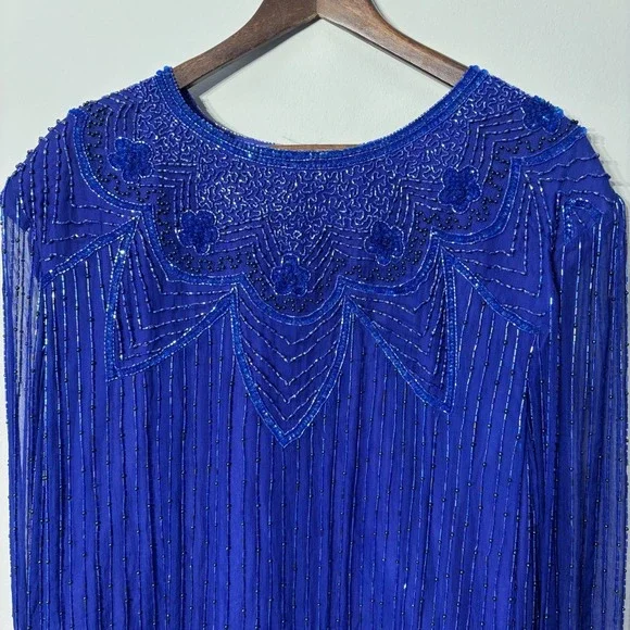 Vintage 80s 100% Silk Beaded Sequin Top Women 26 Long Sleeve Party Cocktail VTG - Picture 4 of 15
